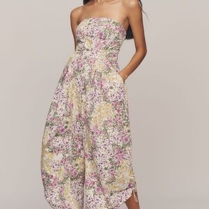 Anthropologie Strapless Floral Jumpsuit in Cream and Purple